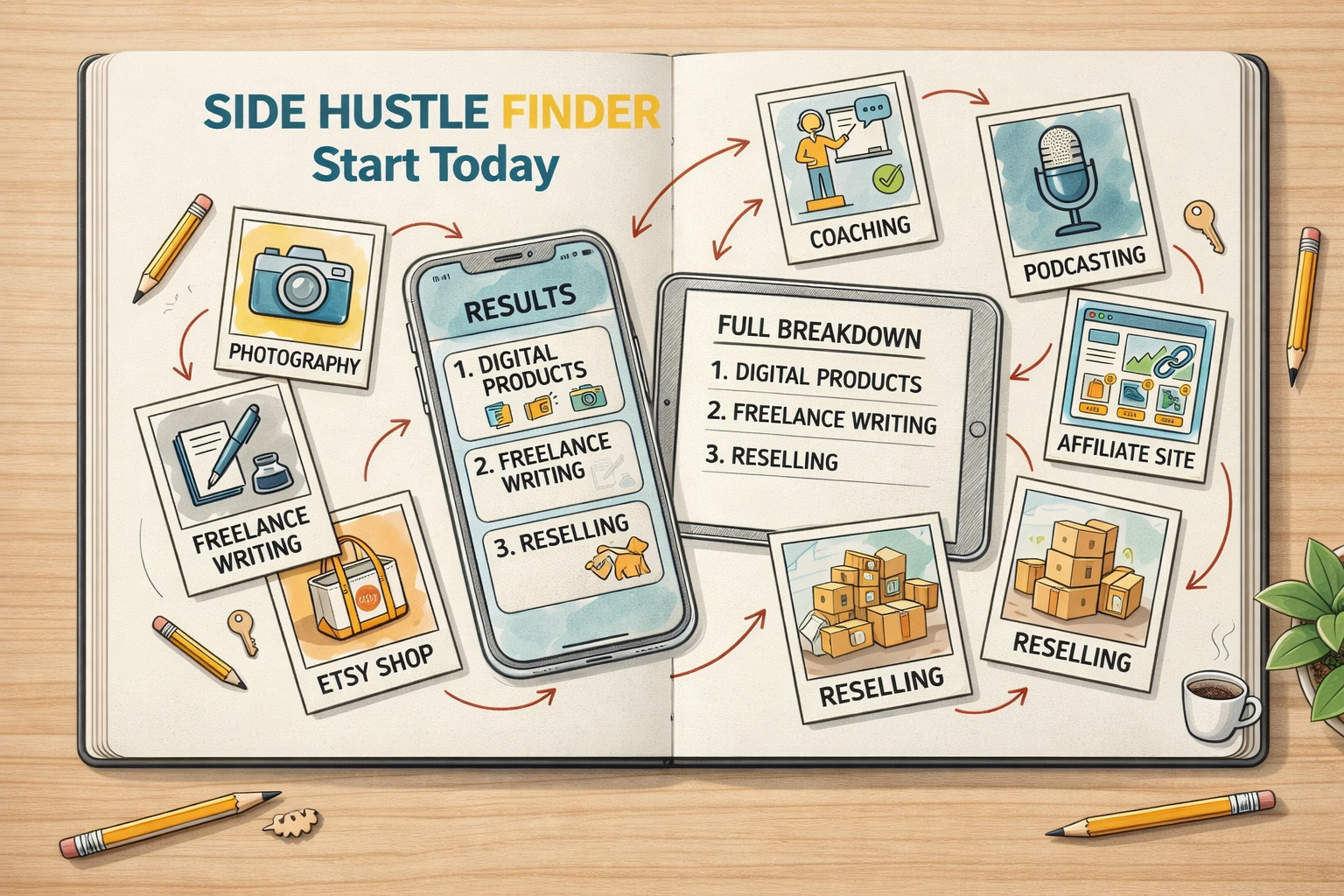 The Side Hustle Finder — preview showing sample case studies with business model tags and revenue figures