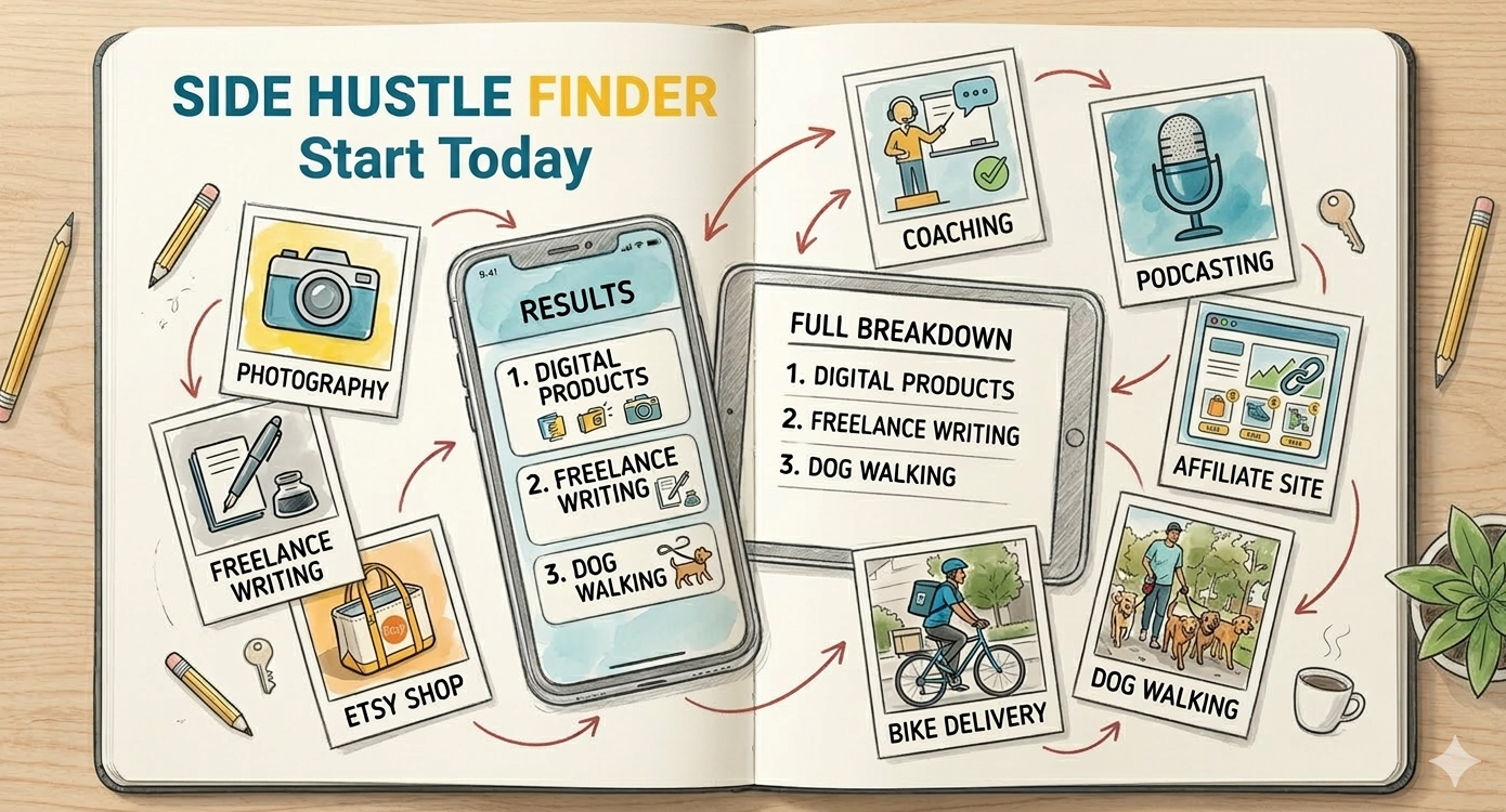 The Side Hustle Finder — preview showing sample case studies with business model tags and revenue figures